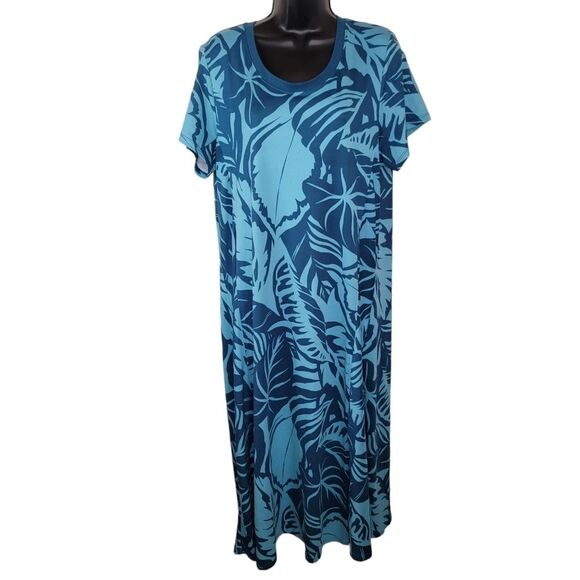 Cuddl Duds Flexwear Short Sleeve Maxi Dress Teal Leaves Size PXL - Picture 2 of 7
